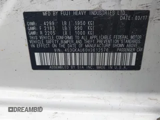 2017 Subaru Impreza Limited with VIN 4S3GKAU60H3612576, listed as a IAAI auction lot 41775738 with 85,730 mi miles and . Bid and sale history available at DreamBid. Image 9.