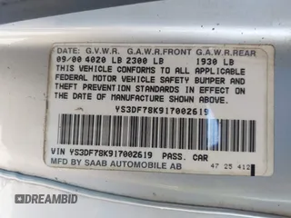 2001 Saab 9-3 SE with VIN YS3DF78K917002619, listed as a IAAI auction lot 41639836 with 116,529 mi miles. Bid and sale history available at carsss.com. Image 9.