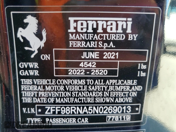 2022 Ferrari Roma z VIN ZFF98RNA5N0269013, wystawiony jako Copart lot #44682265 z przebiegiem 4360 mil mil oraz Nie do naprawy. Historia ofert i sprzedaży dostępna na DreamBid. Obrazek 13.