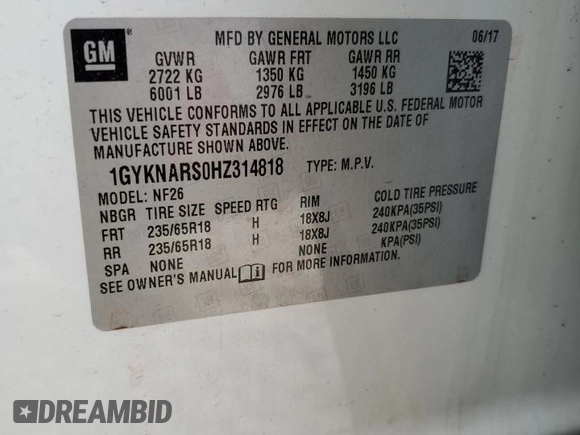 2017 Cadillac XT5 FWD with VIN 1GYKNARS0HZ314818, listed as a Copart auction lot 51158785 with 87,091 mi miles and Clean title. Bid and sale history available at DreamBid. Image 13.