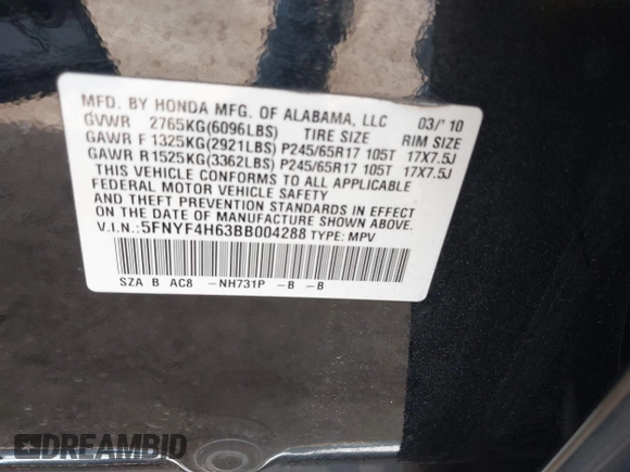 2011 Honda Pilot EX-L with VIN 5FNYF4H63BB004288, listed as a IAAI auction lot 42084984 with 215,019 mi miles and . Bid and sale history available at carsss.com. Image 9.