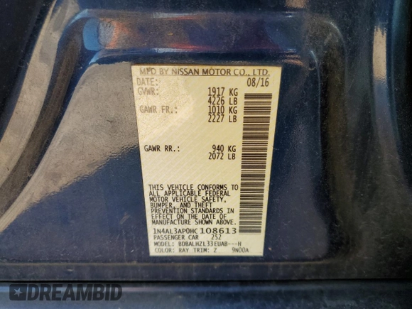 2017 Nissan Altima SV with VIN 1N4AL3AP0HC108613, listed as a Copart auction lot 47993565 with 66,050 mi miles and Clean Title. Bid and sale history available at carsss.com. Image 12.