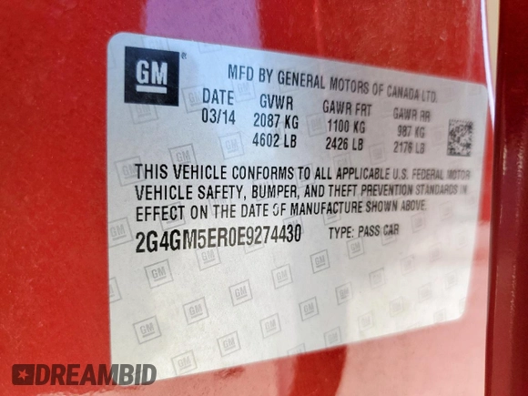 2014 Buick Regal Premium I with VIN 2G4GM5ER0E9274430, listed as a Copart auction lot 62279325 with 105,278 mi miles and Salvage title. Bid and sale history available at DreamBid. Image 12.