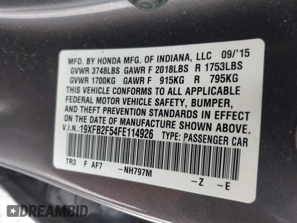 2015 Honda Civic LX with VIN 19XFB2F54FE114926, listed as a IAAI auction lot 42191996 with 131,067 mi miles and . Bid and sale history available at DreamBid. Image 9.
