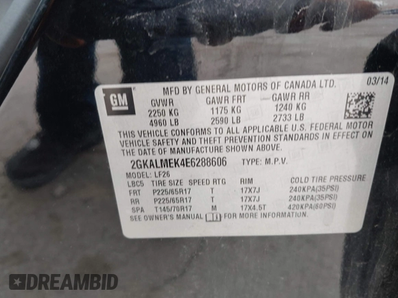 2014 GMC Terrain SLE with VIN 2GKALMEK4E6288606, listed as a IAAI auction lot 41959274 with 105,384 mi miles. Bid and sale history available at carsss.com. Image 9.