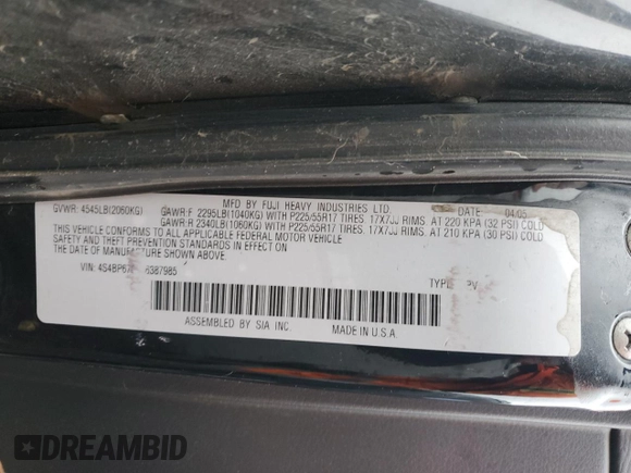 2005 Subaru Legacy Outback XT Limited with VIN 4S4BP67C856387985, listed as a Copart auction lot 41397675 with 281,165 mi miles and Salvage title. Bid and sale history available at DreamBid. Image 12.