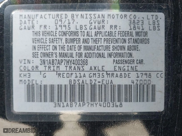 2017 Nissan Sentra SV with VIN 3N1AB7AP7HY400368, listed as a IAAI auction lot 41732981 with 110,282 mi miles. Bid and sale history available at carsss.com. Image 9.