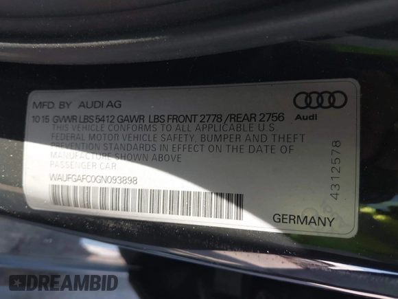 2016 Audi A6 3.0T Premium Plus with VIN WAUFGAFC0GN093898, listed as a IAAI auction lot 41844371 with 71,189 mi miles. Bid and sale history available at carsss.com. Image 9.