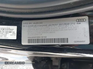 2013 Audi A6 Premium Plus z VIN WAUGFAFC5DN139163, wystawiony jako IAAI lot #41534011 z przebiegiem Nie podano mil oraz . Historia ofert i sprzedaży dostępna na DreamBid. Obrazek 9.
