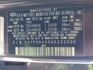 2017 Kia Sorento EX with VIN 5XYPHDA50HG232502, listed as a IAAI auction lot 41081275 with 124,702 mi miles and . Bid and sale history available at DreamBid. Image 9.