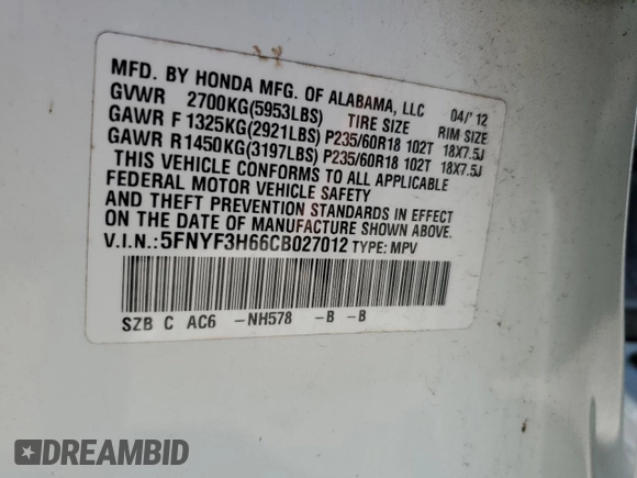 2012 Honda Pilot EX-L with VIN 5FNYF3H66CB027012, listed as a Copart auction lot 53915295 with Not provided miles and Clean title. Bid and sale history available at DreamBid. Image 13.