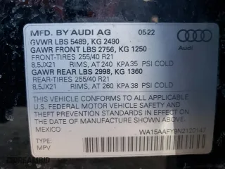 2022 Audi Q5 Sportback S line Premium Plus with VIN WA15AAFY9N2120147, listed as a Copart auction lot 47034714 with 24,492 mi miles and Non Repairable. Bid and sale history available at carsss.com. Image 13.