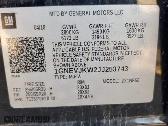 2018 Chevrolet Traverse Premier with VIN 1GNEVJKW2JJ253743, listed as a Copart auction lot 82779724 with 161,083 mi miles and Salvage Title. Bid and sale history available at carsss.com. Image 14.