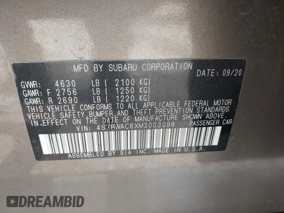 2021 Subaru Legacy Premium with VIN 4S3BWAC6XM3003098, listed as a IAAI auction lot 42221814 with 85,801 mi miles and . Bid and sale history available at DreamBid. Image 9.