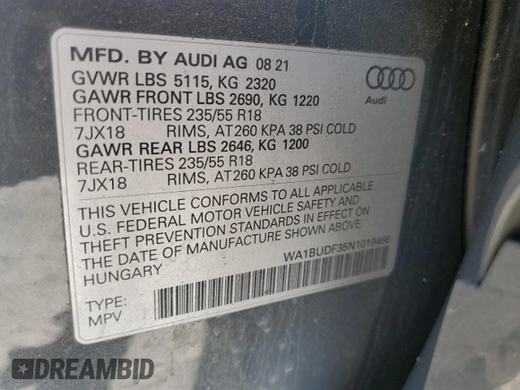 2022 Audi Q3 with VIN WA1BUDF35N1019466, listed as a Copart auction lot 42330805 with 15,907 mi miles and Salvage title. Bid and sale history available at DreamBid. Image 13.
