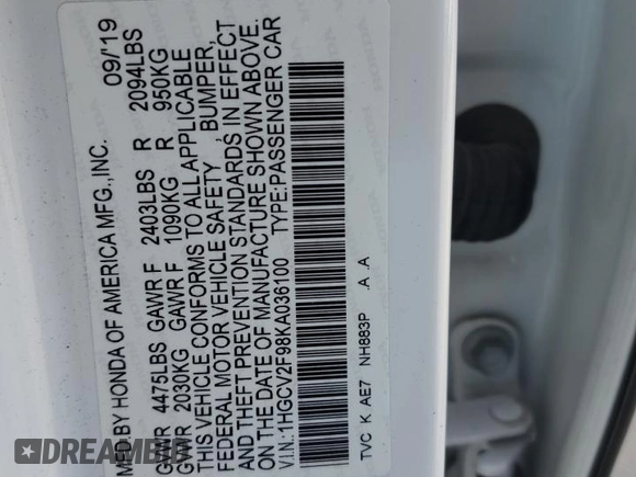 2019 Honda Accord Touring with VIN 1HGCV2F98KA036100, listed as a Copart auction lot 53405685 with 67,744 mi miles and Salvage title. Bid and sale history available at DreamBid. Image 14.