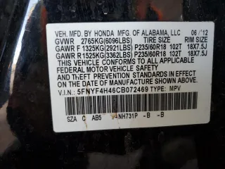 2012 Honda Pilot EX with VIN 5FNYF4H46CB072469, listed as a Copart auction lot 89306385 with 118,816 mi miles and Salvage Title. Bid and sale history available at DreamBid. Image 13.