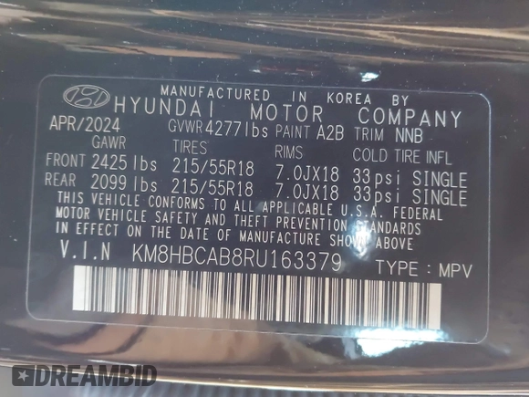 2024 Hyundai Kona SEL with VIN KM8HBCAB8RU163379, listed as a IAAI auction lot 41616257 with 7,449 mi miles and . Bid and sale history available at DreamBid. Image 9.