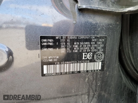 2020 Subaru Ascent Limited z VIN 4S4WMAPD2L3475208, wystawiony jako Copart lot #51135665 z przebiegiem Nie podano mil oraz Szkoda całkowita • Salvage title. Historia ofert i sprzedaży dostępna na DreamBid. Obrazek 13.