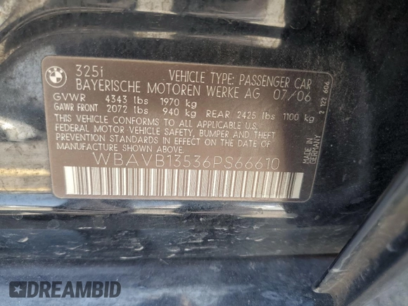 2006 BMW 3 Series 325i с VIN WBAVB13536PS66610, выставлен на аукционе Copart как лот 62310295 с пробегом 252 873 миль миль и Списание • Salvage title. История ставок и продаж доступна на DreamBid. Изображение 12.