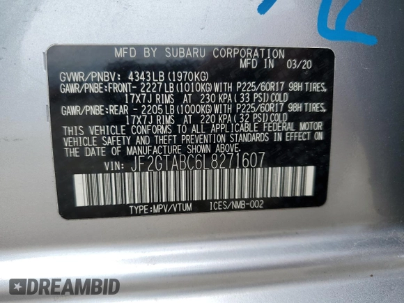 2020 Subaru Crosstrek с VIN JF2GTABC6L8271607, выставлен на аукционе Copart как лот 54506915 с пробегом 80 928 миль миль и Списание • Salvage title. История ставок и продаж доступна на DreamBid. Изображение 12.