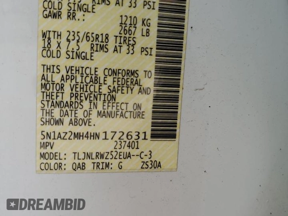 2017 Nissan Murano SL z VIN 5N1AZ2MH4HN172631, wystawiony jako Copart lot #55489115 z przebiegiem 149 788 mil mil oraz Szkoda całkowita • Salvage title. Historia ofert i sprzedaży dostępna na DreamBid. Obrazek 13.