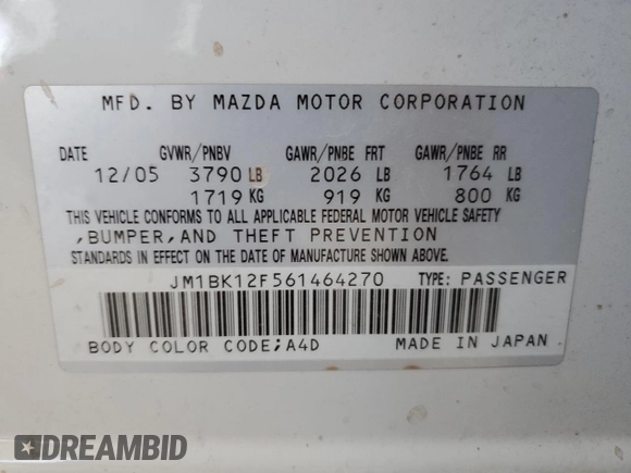 2006 Mazda 3 i with VIN JM1BK12F561464270, listed as a Copart auction lot 53877845 with 201,857 mi miles and Salvage Title. Bid and sale history available at carsss.com. Image 12.