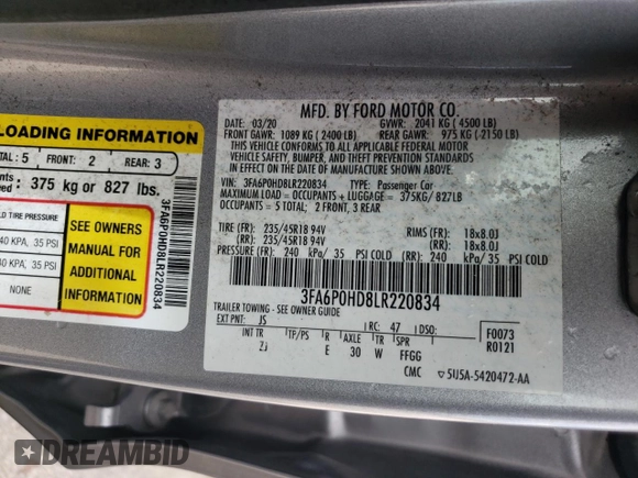 2020 Ford Fusion SE with VIN 3FA6P0HD8LR220834, listed as a Copart auction lot 63946975 with 131,475 mi miles and Clean title. Bid and sale history available at DreamBid. Image 12.