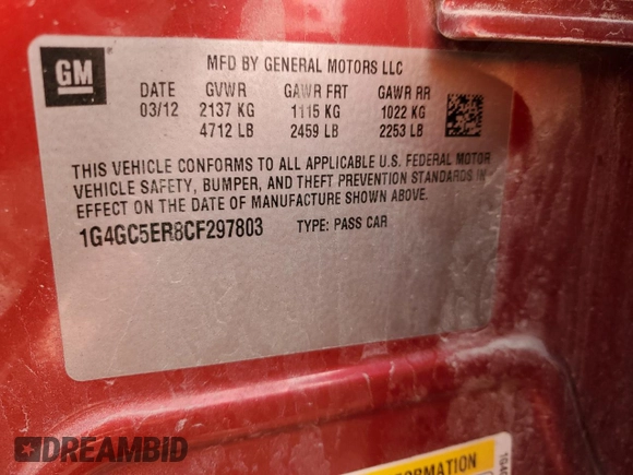 2012 Buick LaCrosse Leather with VIN 1G4GC5ER8CF297803, listed as a Copart auction lot 51279375 with 150,688 mi miles and Salvage title. Bid and sale history available at DreamBid. Image 12.