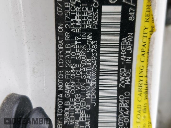 2012 Toyota Prius One with VIN JTDKN3DUXC5493783, listed as a Copart auction lot 54357425 with 176,406 mi miles and Clean Title. Bid and sale history available at DreamBid. Image 12.