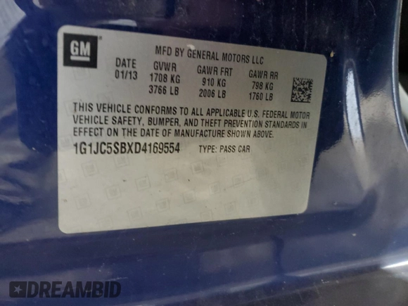 2013 Chevrolet Sonic LT with VIN 1G1JC5SBXD4169554, listed as a Copart auction lot 49918815 with 83,893 mi miles and Clean Title. Bid and sale history available at DreamBid. Image 14.