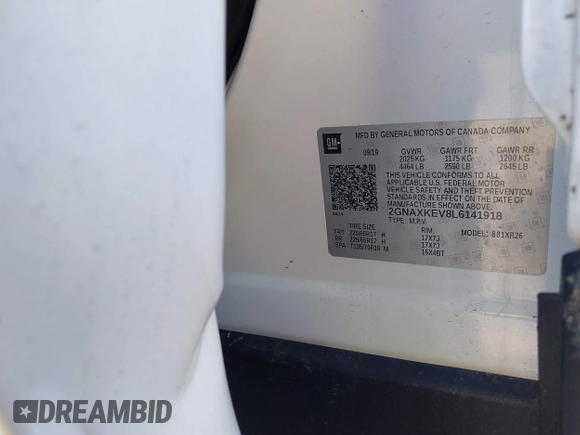 2020 Chevrolet Equinox LT z VIN 2GNAXKEV8L6141918, wystawiony jako IAAI lot #41882535 z przebiegiem 125 974 mil mil oraz . Historia ofert i sprzedaży dostępna na DreamBid. Obrazek 9.