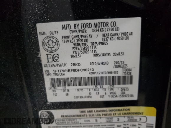 2013 Ford F-150 XL with VIN 1FTFW1EF8DFC90213, listed as a Copart auction lot 44009475 with 138,130 mi miles and Salvage title. Bid and sale history available at DreamBid. Image 12.