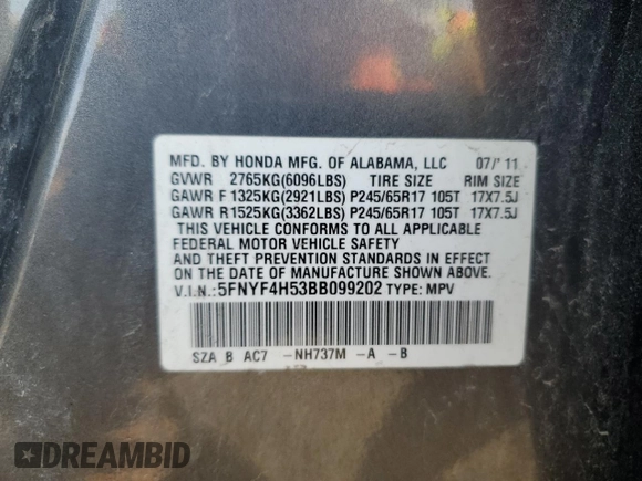 2011 Honda Pilot EX-L with VIN 5FNYF4H53BB099202, listed as a Copart auction lot 49852445 with 112,706 mi miles and Salvage Title. Bid and sale history available at DreamBid. Image 13.