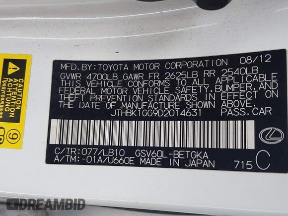 2013 Lexus ES 4dr Sdn with VIN JTHBK1GG9D2014631, listed as a IAAI auction lot 41931985 with 168,385 mi miles. Bid and sale history available at carsss.com. Image 9.