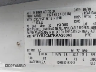 2019 Ford Transit with VIN 1FTYR2CM7KKA20062, listed as a IAAI auction lot 42028348 with 177,377 mi miles and . Bid and sale history available at DreamBid. Image 9.