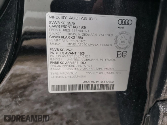 2016 Audi SQ5 3.0T Technik with VIN WA1LCAFP1GA117602, listed as a Copart auction lot 41577155 with 126,549 mi miles and Clean Title. Bid and sale history available at carsss.com. Image 13.