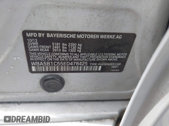 2014 BMW 5 Series 535i с VIN WBA5B1C55ED478425, выставлен на аукционе IAAI как лот 42519125 с пробегом 202 627 миль миль и . История ставок и продаж доступна на DreamBid. Изображение 9.