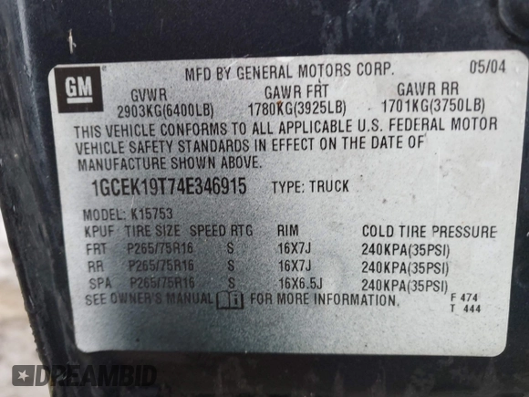 2004 Chevrolet Silverado 1500 Z71 with VIN 1GCEK19T74E346915, listed as a IAAI auction lot 41826424 with Not Provided miles and . Bid and sale history available at DreamBid. Image 9.