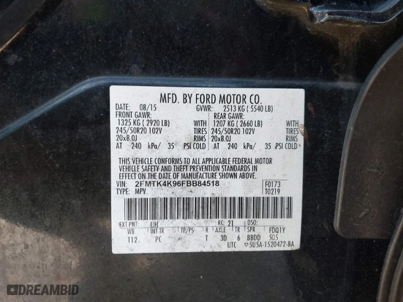 2015 Ford Edge Titanium with VIN 2FMTK4K96FBB84518, listed as a IAAI auction lot 41786259 with 153,525 mi miles. Bid and sale history available at carsss.com. Image 9.