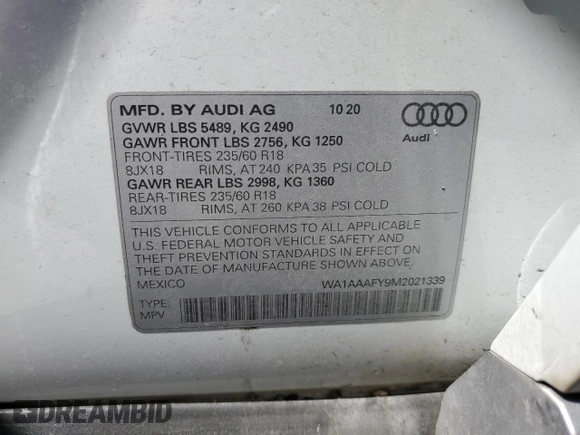 2021 Audi Q5 Premium with VIN WA1AAAFY9M2021339, listed as a Copart auction lot 73805684 with Not provided miles and Salvage title. Bid and sale history available at DreamBid. Image 15.