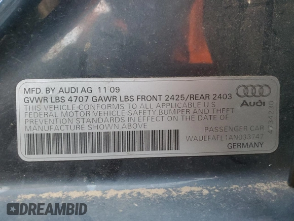 2010 Audi A4 2.0T Premium Plus with VIN WAUEFAFL1AN033747, listed as a Copart auction lot 82787894 with 92,786 mi miles and Salvage Title. Bid and sale history available at carsss.com. Image 14.