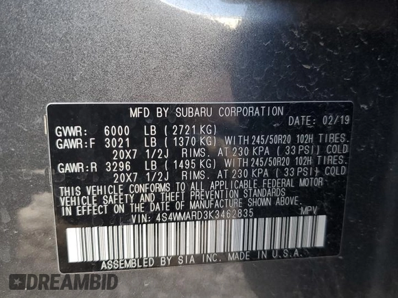 2019 Subaru Ascent Touring with VIN 4S4WMARD3K3462835, listed as a Copart auction lot 72813354 with 47,296 mi miles and Salvage title. Bid and sale history available at DreamBid. Image 13.