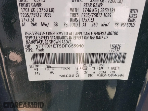 2013 Ford F-150 XL with VIN 1FTFX1ET5DFC55910, listed as a IAAI auction lot 41771401 with 72,734 mi miles and . Bid and sale history available at DreamBid. Image 9.