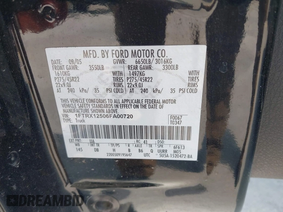 2006 Ford F-150 XLT with VIN 1FTRX12506FA00720, listed as a IAAI auction lot 42031723 with 172,304 mi miles and . Bid and sale history available at DreamBid. Image 9.