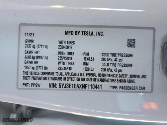 2022 Tesla Model 3 with VIN 5YJ3E1EAXNF110441, listed as a Copart auction lot 41755465 with 47,870 mi miles and Salvage Title. Bid and sale history available at carsss.com. Image 12.