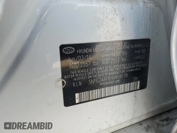 2017 Hyundai Sonata SE with VIN 5NPE24AF6HH454178, listed as a Copart auction lot 54942205 with 131,411 mi miles and Clean Title. Bid and sale history available at DreamBid. Image 13.