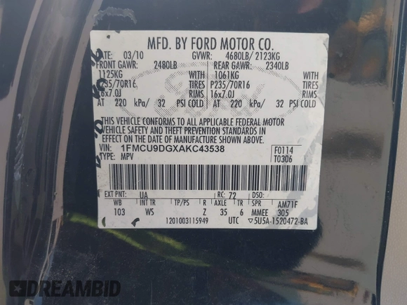2010 Ford Escape XLT z VIN 1FMCU9DGXAKC43538, wystawiony jako IAAI lot #42410692 z przebiegiem 222 115 mil mil oraz . Historia ofert i sprzedaży dostępna na DreamBid. Obrazek 9.