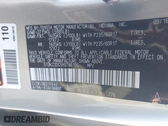 2017 Toyota Sienna LE Auto Access Seat with VIN 5TDKZ3DC5HS786195, listed as a IAAI auction lot 41829226 with 138,047 mi miles. Bid and sale history available at carsss.com. Image 9.