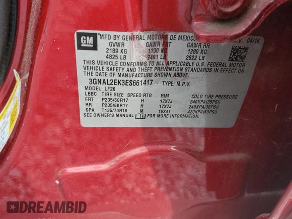 2014 Chevrolet Captiva Sport LS with VIN 3GNAL2EK3ES661417, listed as a Copart auction lot 51575485 with 59,905 mi miles and Salvage Title. Bid and sale history available at carsss.com. Image 14.